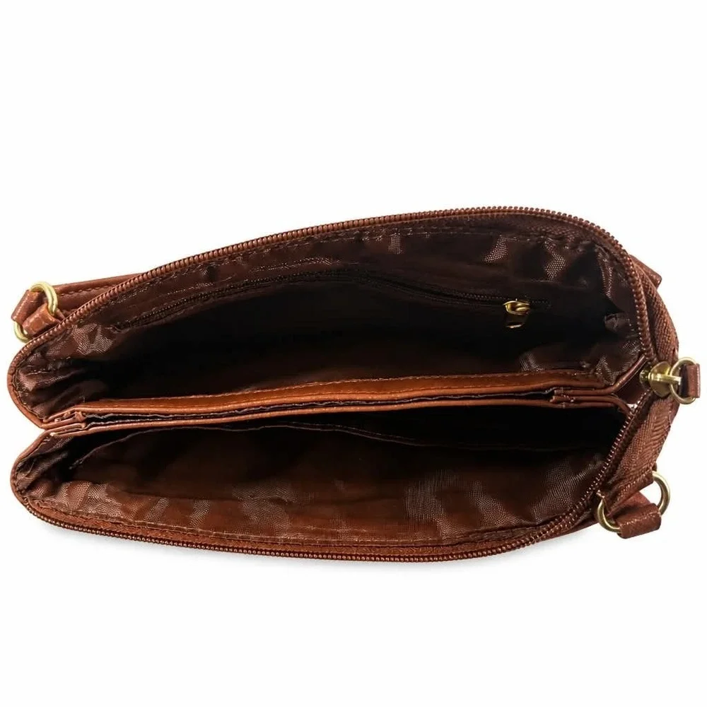 Small Brown Faux Leather Crossbody Purse Crocodile Embossed Trim Travel Wallet